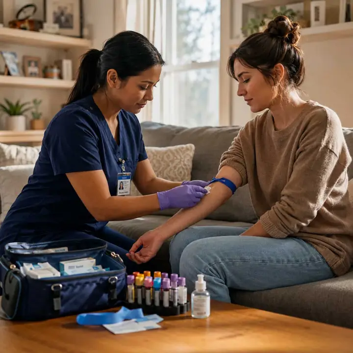 Trained phlebotomist collecting a blood sample from a patient at home for Anandaloke Sonoscan Centre